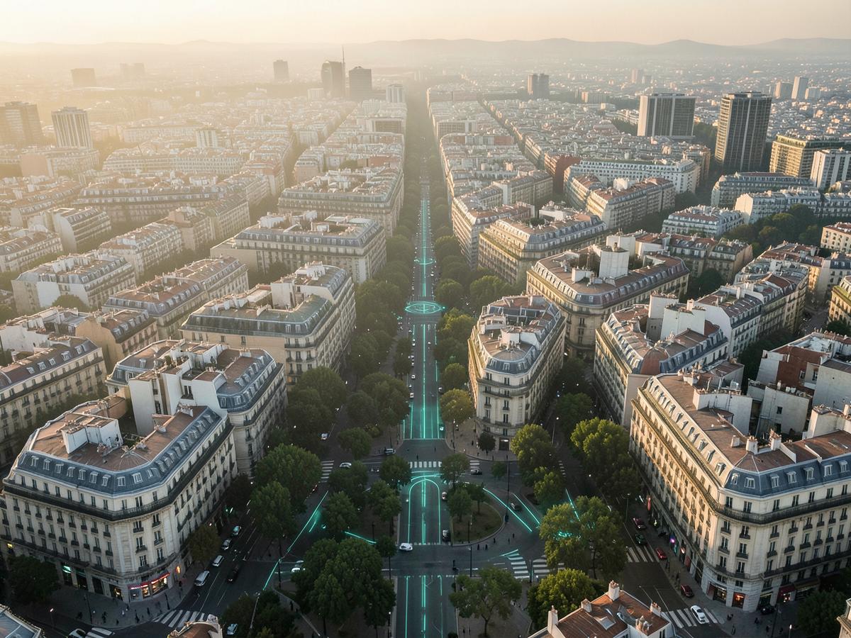Aerial view of Barcelona's Eixample district with air-quality data overlays on the avenues