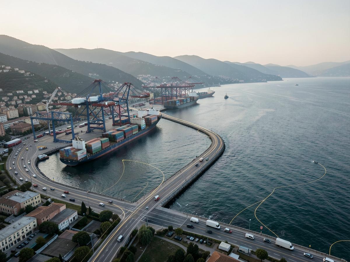 Aerial view of the Port of Genova and its coastal freight corridor with live route tracking lines